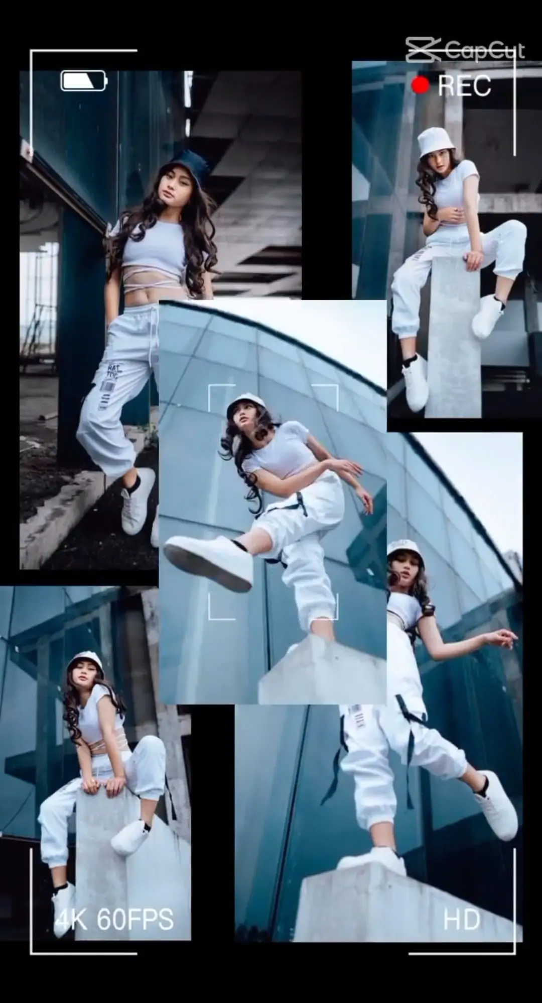 Screenshot of a video edit using the Beat 5/5 ANH CapCut Template featuring a young woman in a hip-hop inspired outfit. The video is divided into four panels showing different poses of the woman dancing or posing stylishly. In the top-left panel, she looks over her shoulder with a slight smile. The top-right panel captures her in a casual seated pose. The bottom-left panel shows her mid-dance move with one leg extended out. The bottom-right panel depicts her sitting with knees bent and hands resting on her knees. The image exudes a cool, urban vibe with a background of glass and concrete structures. Each panel has a white border, and there are indicators such as 'REC' in red text, suggesting this is a recording. Text at the bottom states '4K 60FPS' on the left and 'HD' on the right, emphasizing high video quality.