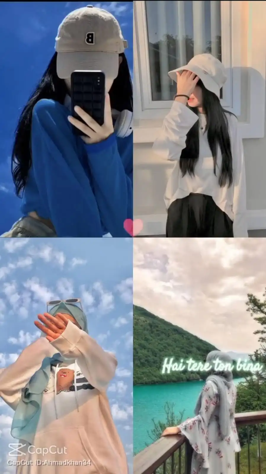 A collage of four images showcasing the 'Tu Hi Mera Dil CapCut Template.' The top left photo shows a person in a blue sweater and beige baseball cap, covering their face with a phone. In the top right, the person is seen adjusting a white bucket hat, wearing a white shirt and black pants. The bottom left image captures hands reaching towards the sky, with a filter of clouds, and the bottom right features a person in a white shirt and blue jacket by a turquoise lake, with the text "Hai tere ton bina" superimposed. Each image reflects a soft, aesthetic quality typical of CapCut video templates.